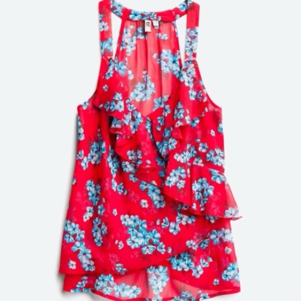 Kut from the Kloth NWT Red Blue Floral Halene Ruffle Detail Tiered Blouse 3453